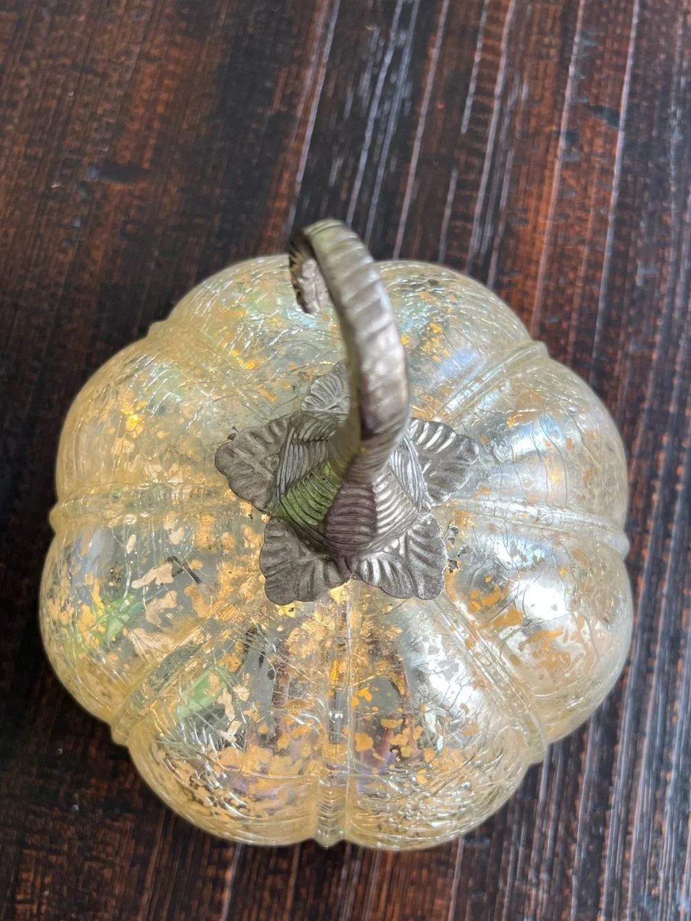 Mercury Crackle Glass Pumpkin Decoration, Silver Tone Metal Stem